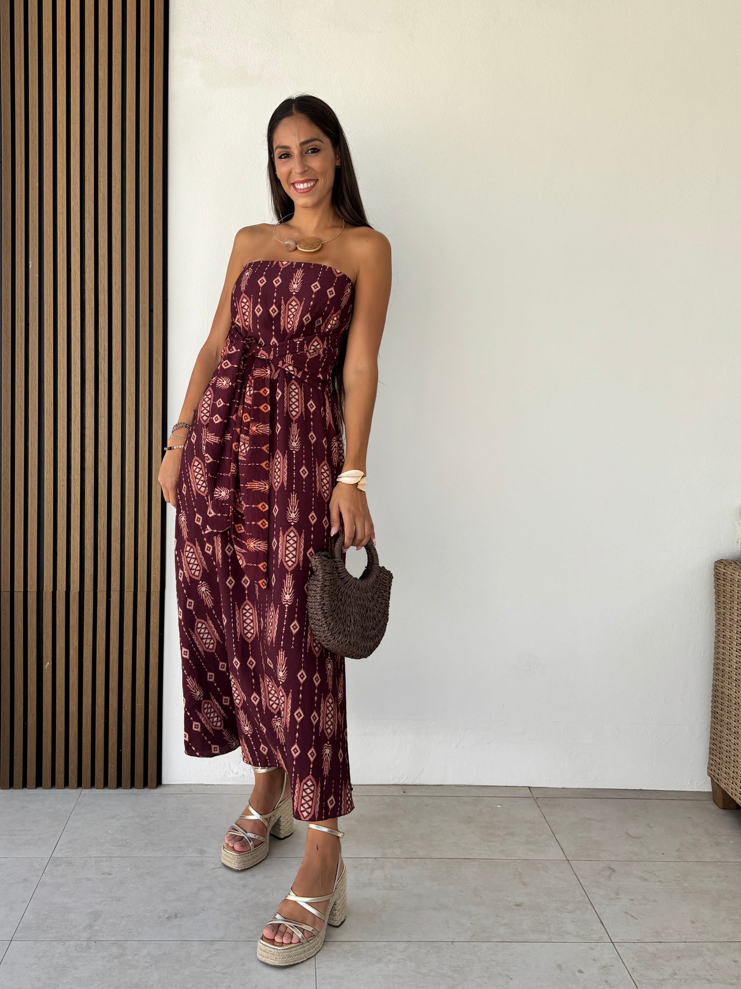 Vestido Nudo estampado burdeos
