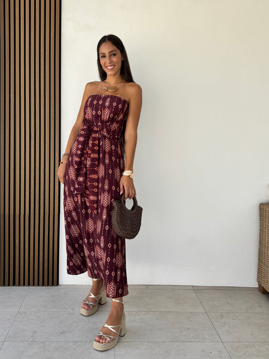 Vestido Nudo estampado burdeos