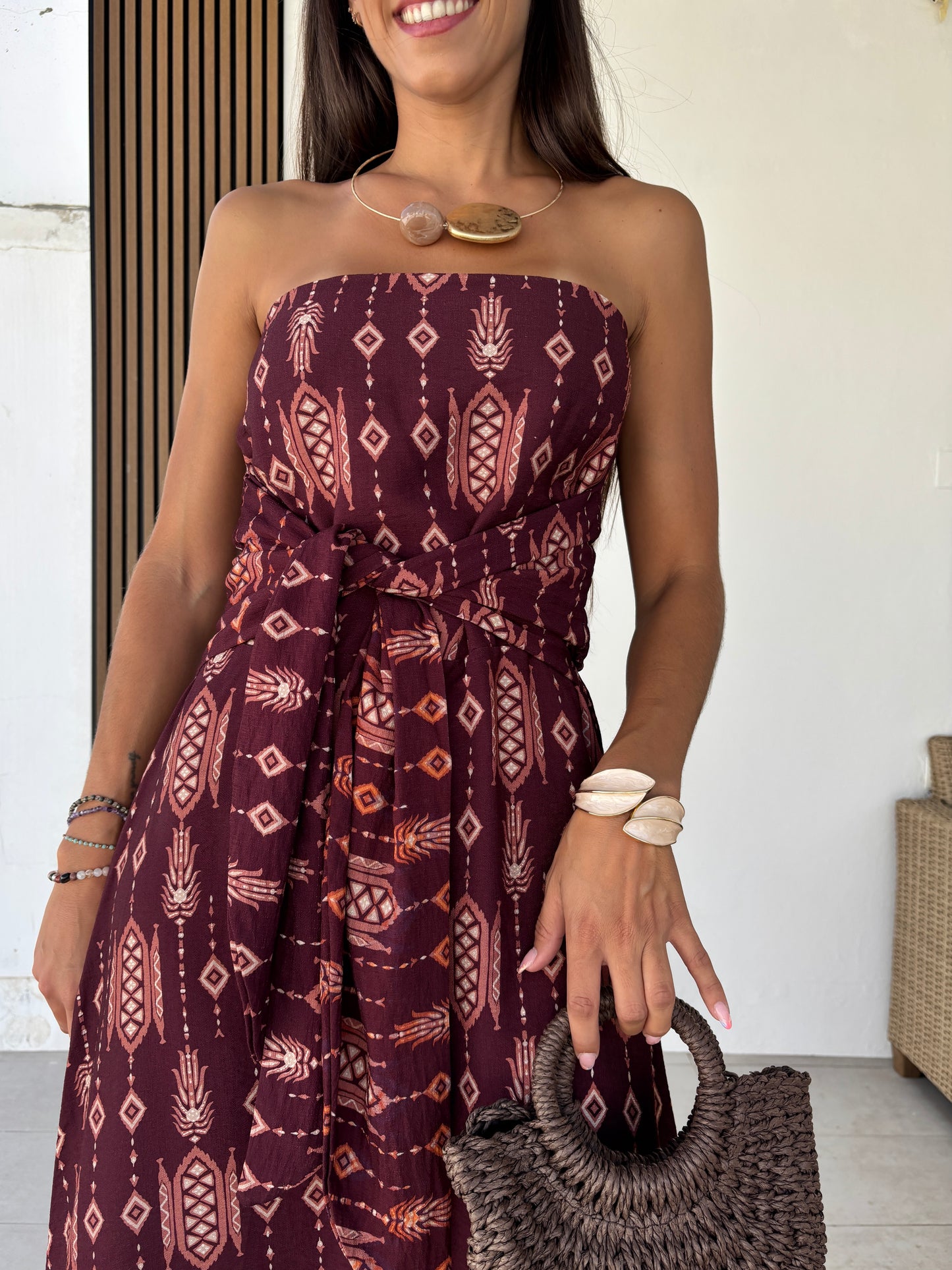 Vestido Nudo estampado burdeos